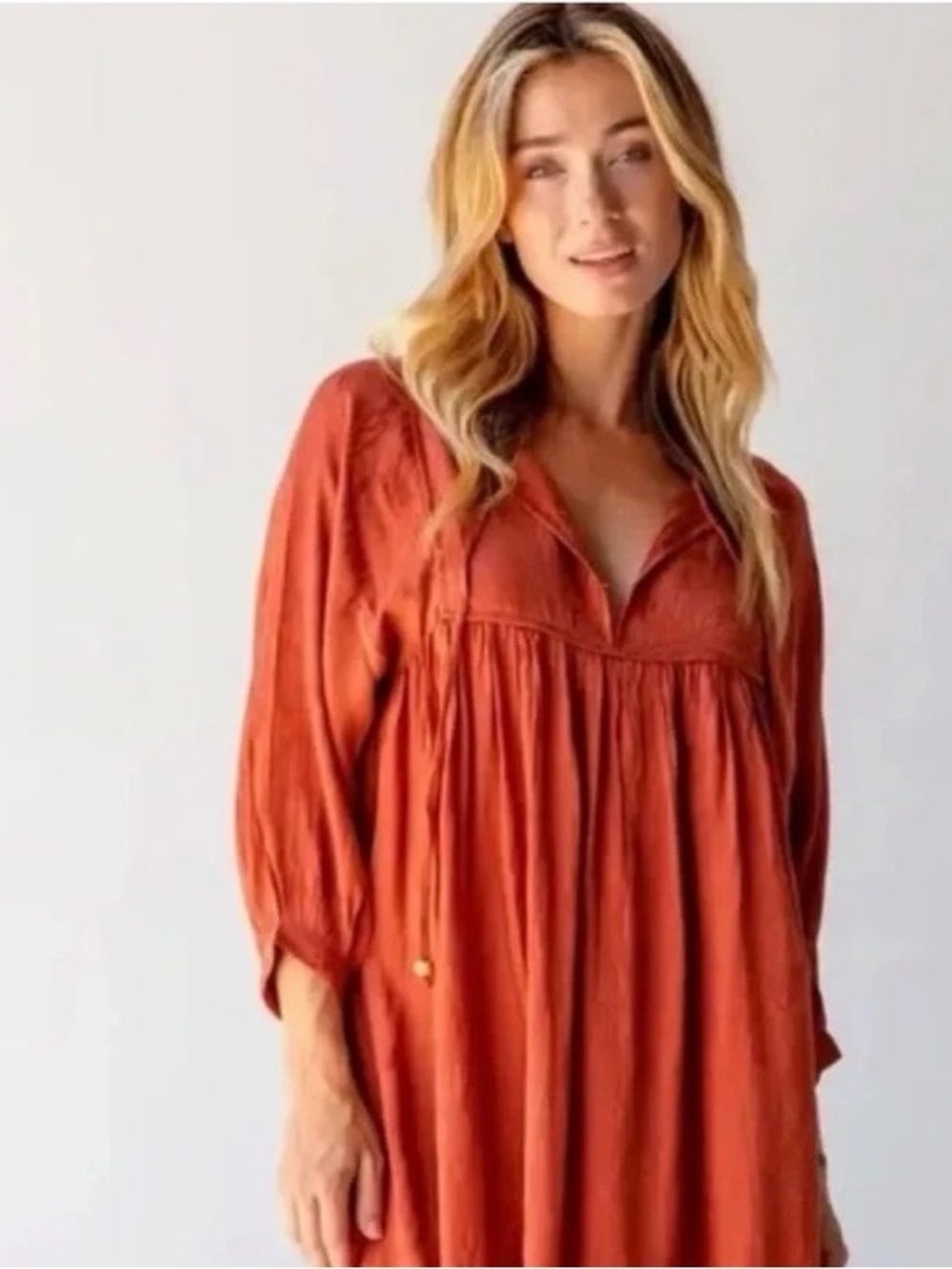 Natural Life Rust Terracotta Jacquard Boho Babydoll Dress Wooden Beads XS